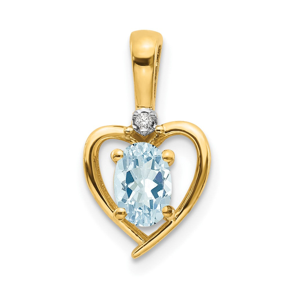 10K Diamond and Oval Aquamarine Heart Pendant, 0.557 ct, 17 x 10 mm