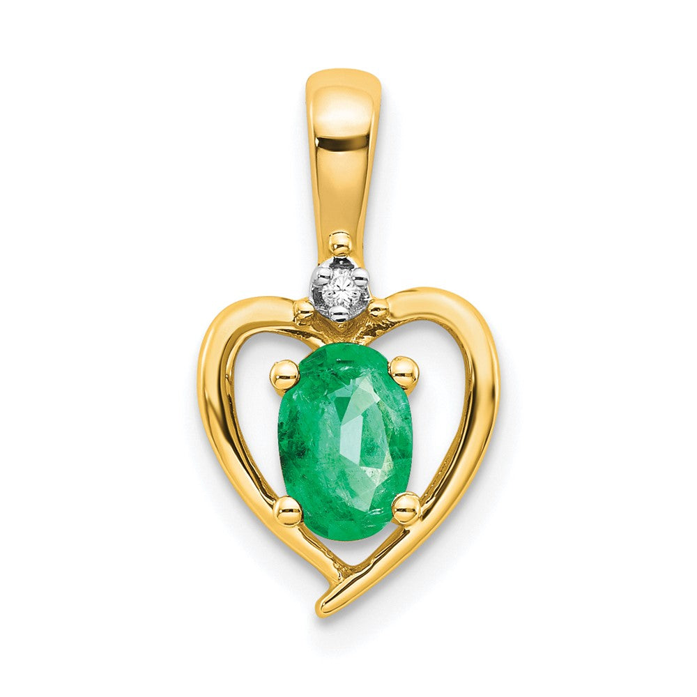 10K Diamond and Oval Emerald Heart Pendant, 0.557 ct, 17 x 10 mm