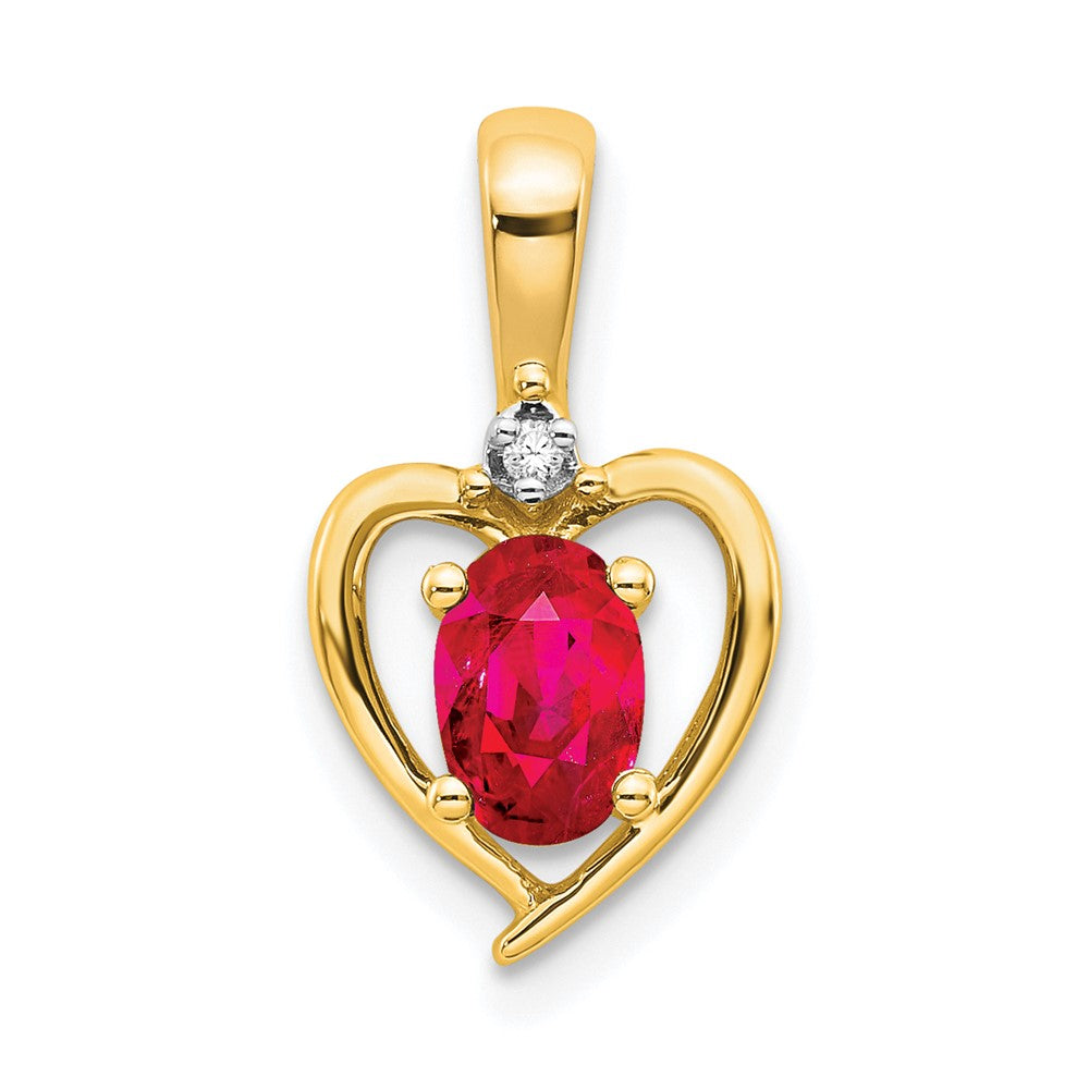 10K 1/2 point Diamond and Oval Ruby Heart Pendant, 0.557 ct, 17 x 10 mm
