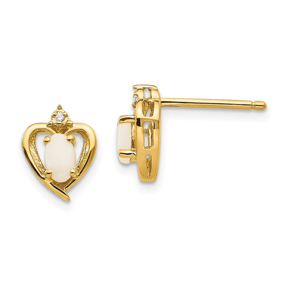 10K 5x3mm Oval Opal Cabochon and Diamond Heart Post Earrings, 0.596 ct, 10 x 8 mm