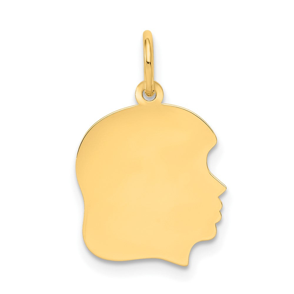 10K Plain Medium .018 Gauge Facing Right 13x14mm Engravable Girl Head Charm, 22 x 13 mm