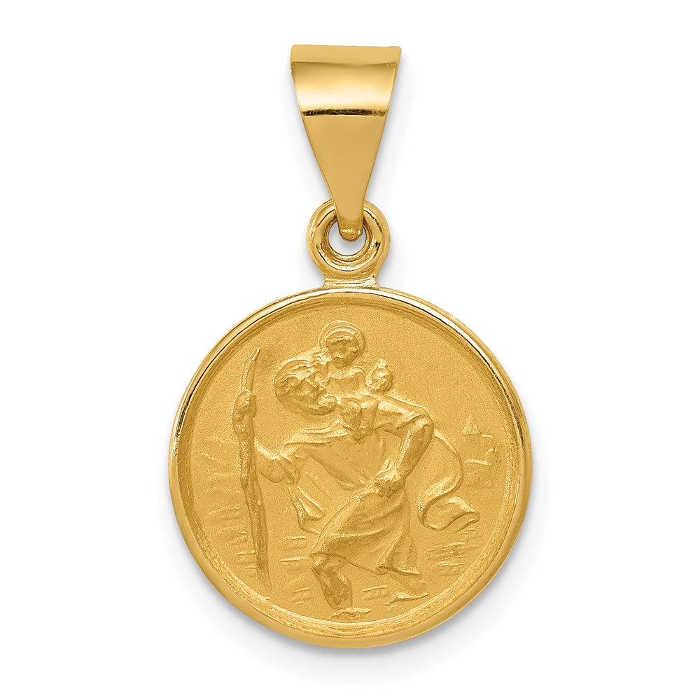 18k Polished and Satin Saint Christopher Medal Round Pendant, 23.5 x 14.3 mm