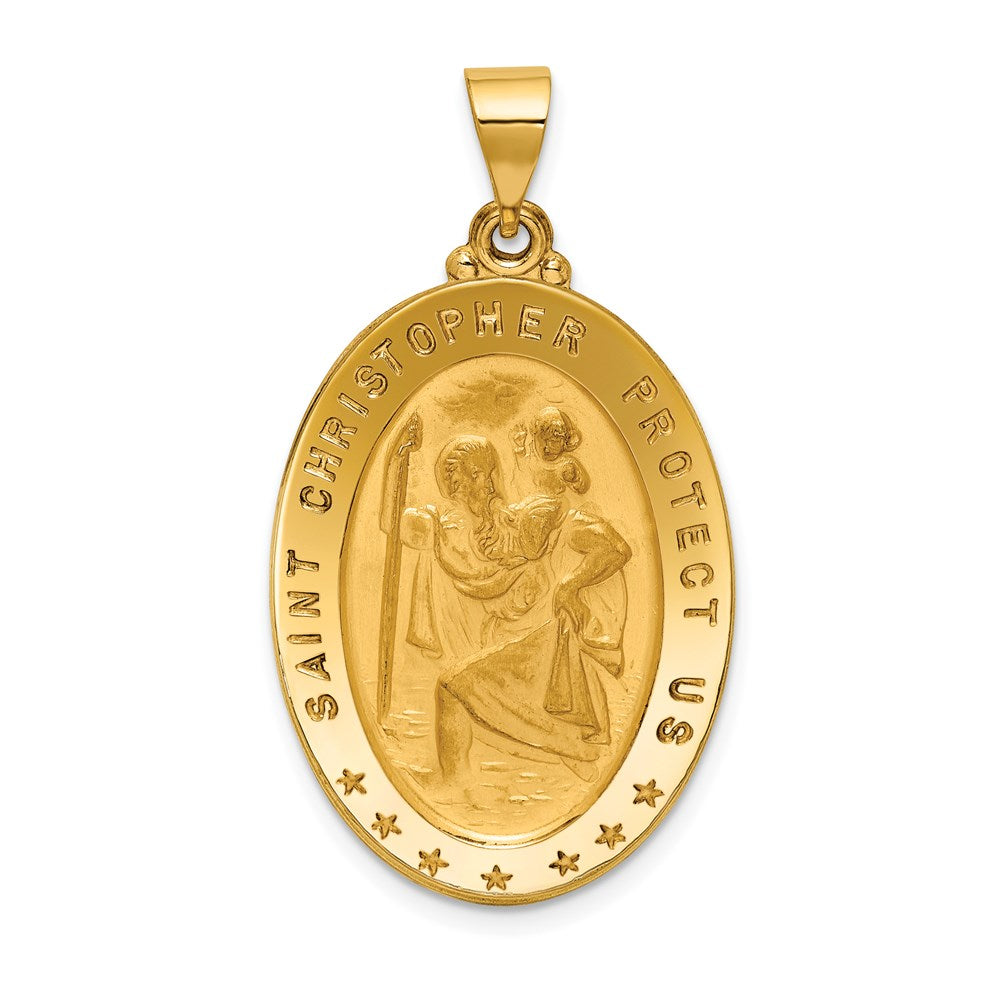 18k Polished and Satin Large Solid St. Christopher Medal Oval Pendant, 37.5 x 20.9 mm