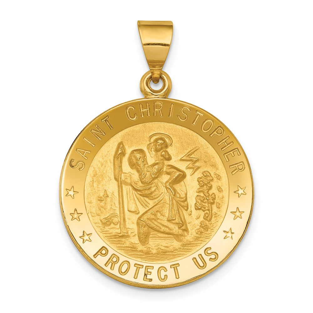 18k Polished and Satin Solid Saint Christopher Medal Round Pendant, 30 x 22 mm