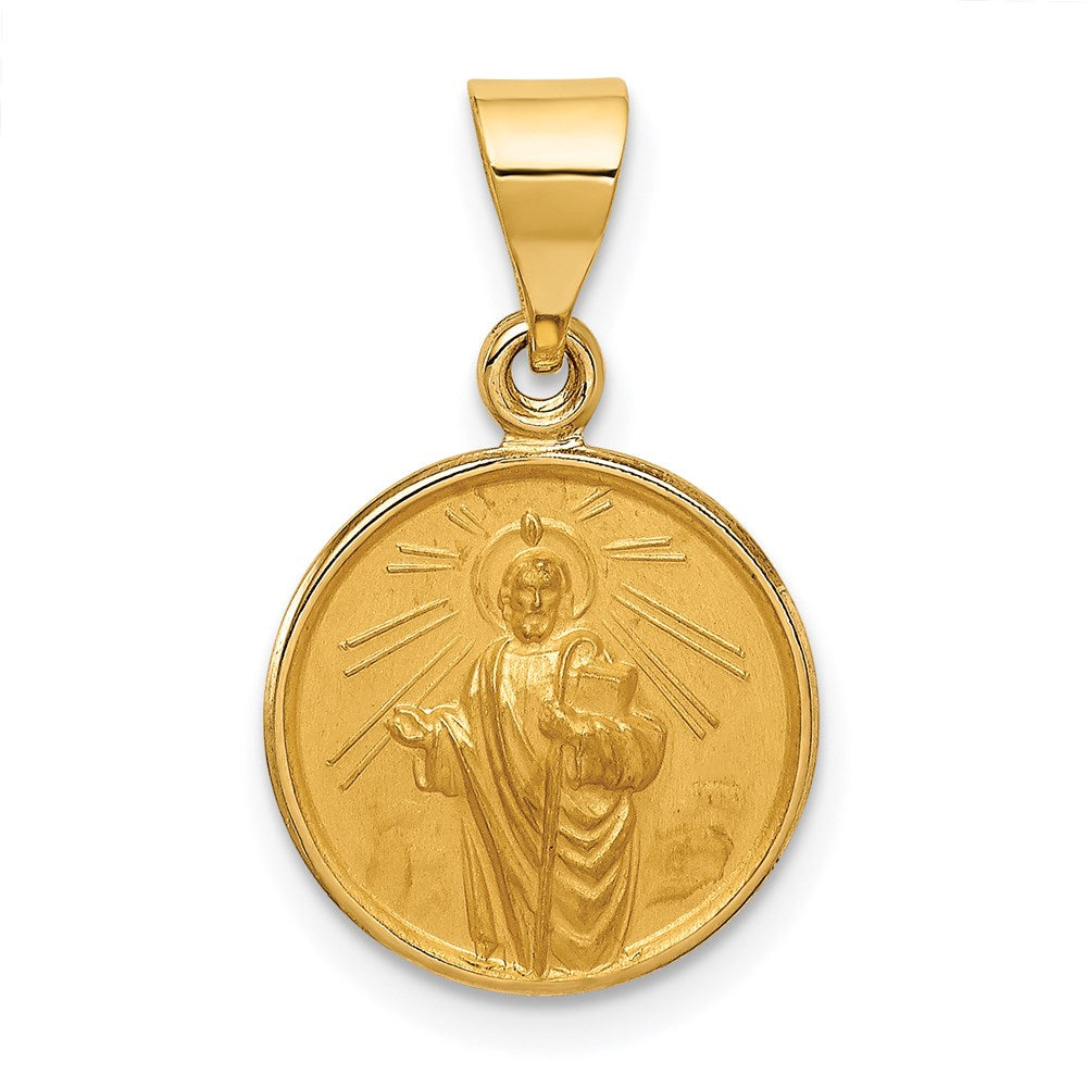 18K Polished and Satin Solid Saint Jude Thaddeus Medal Round Pendant, 21.5 x 13 mm