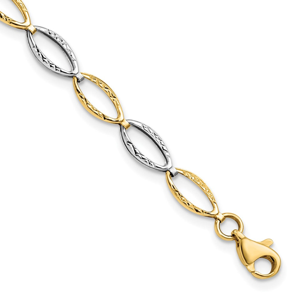 14K Two-tone Polished and Diamond-cut Oval Link 7 inch Bracelet, 7 x 5 mm