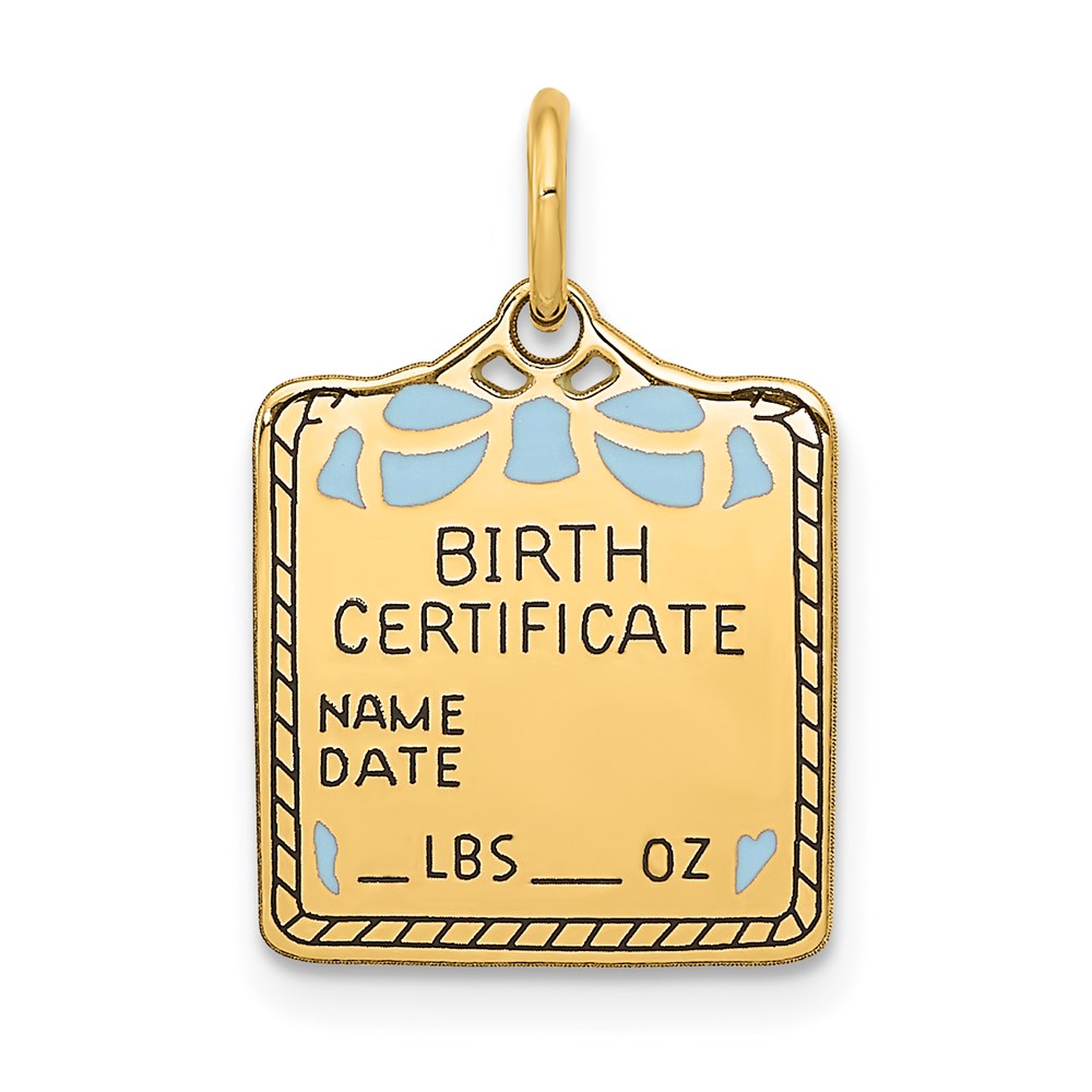 14k Enameled Blue Engravable BIRTH CERTIFICATE Charm, 20 x 13 mm