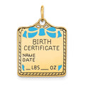 14k Enameled Blue Engravable BIRTH CERTIFICATE Charm, 25 x 18 mm