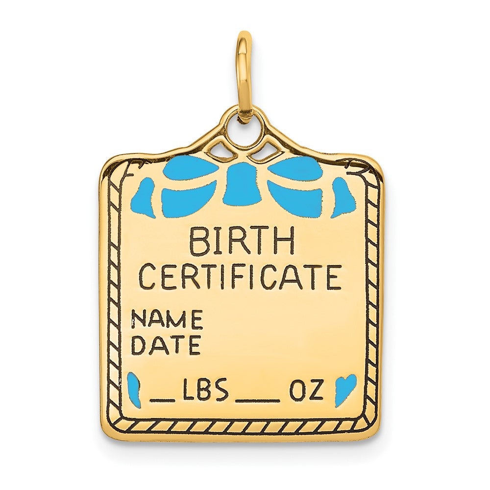14k Enameled Blue Engravable BIRTH CERTIFICATE Charm, 25 x 18 mm