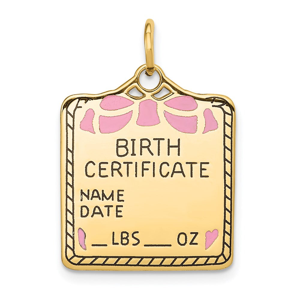 14k Enameled Pink Engravable BIRTH CERTIFICATE Charm, 25 x 18 mm