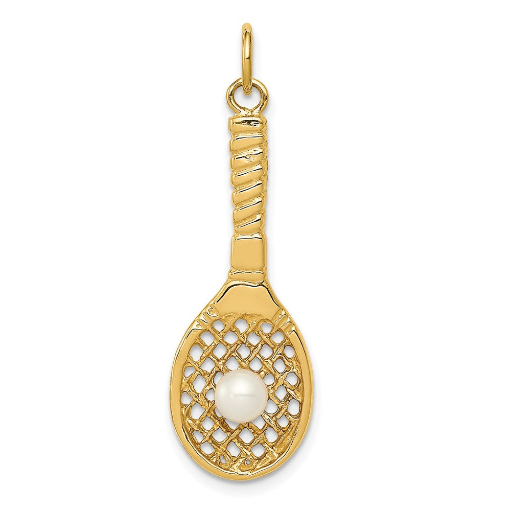 14K Tennis Racquet with Freshwater Cultured Pearl Ball Charm, 37 x 11 mm
