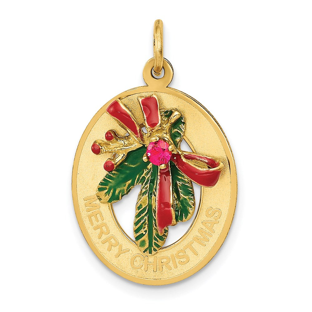14k Enameled MERRY CHRISTMAS Mistletoe with Synthetic Stone Charm, 26 x 15 mm