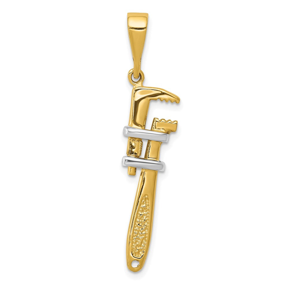 14K and White Rhodium 3-D Pipe Wrench Charm, 40 x 10 mm