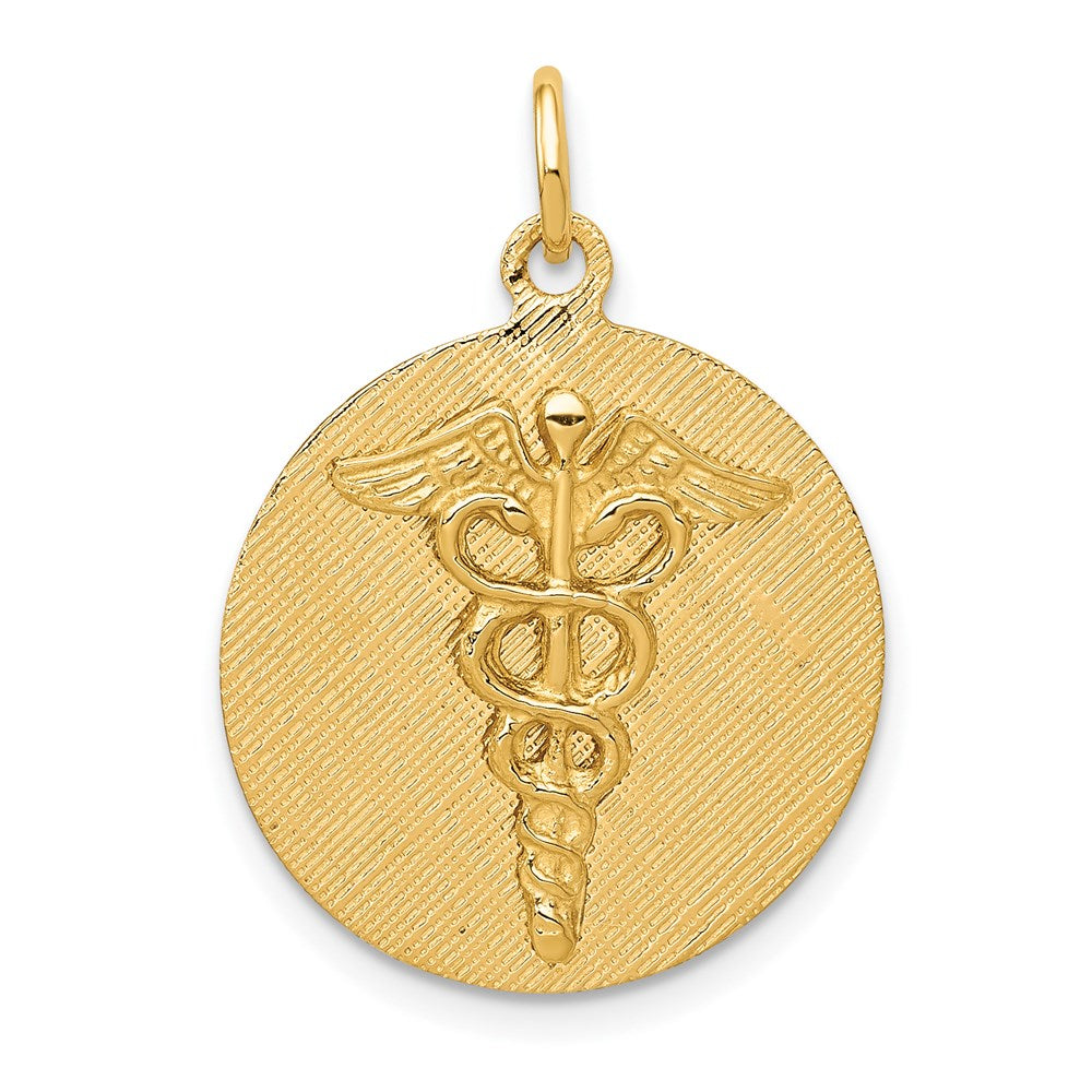 14k Engravable Back Caduceus Disc Charm, 25 x 19 mm