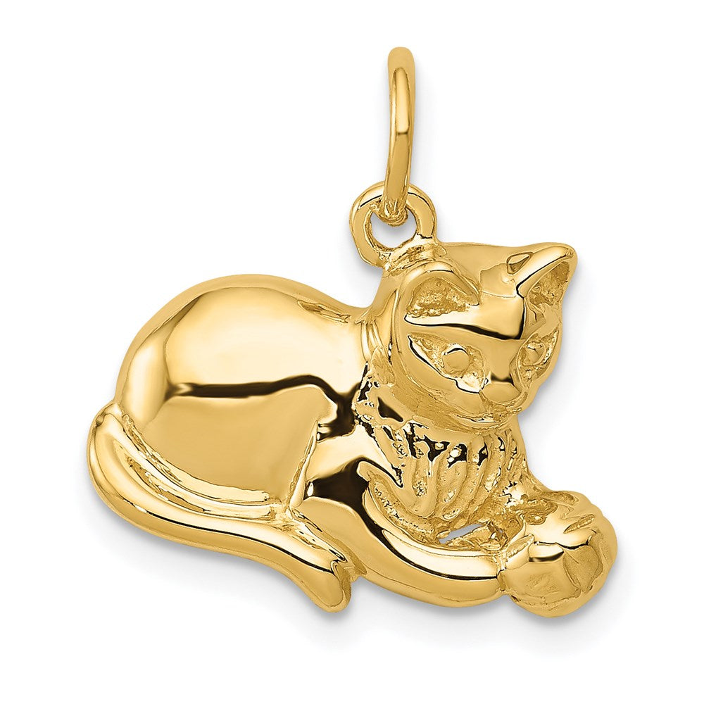 14k Solid Polished Open-Backed Cat with Ball Charm, 18 x 18 mm
