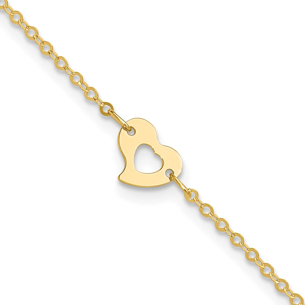 14k Polished Cut-out Heart 9 inch Plus 1 inch Extender - Total 10 inch Anklet, 9 mm