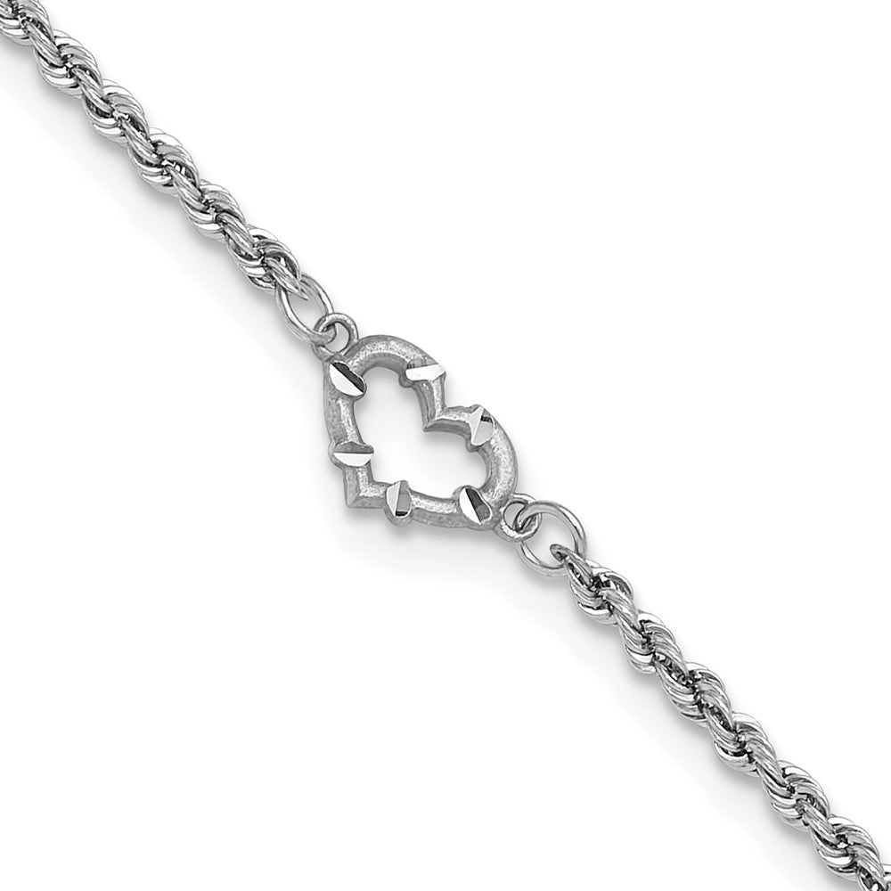 14k White Gold Diamond-cut Open Heart and Rope Chain 10 inch Anklet, 10 x 10 mm