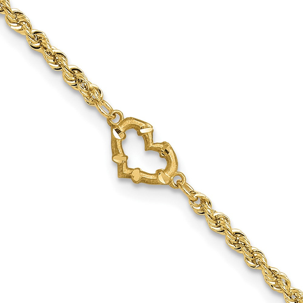 14k Diamond-cut Open Heart and Rope Chain 10 inch Anklet, 10 x 10 mm