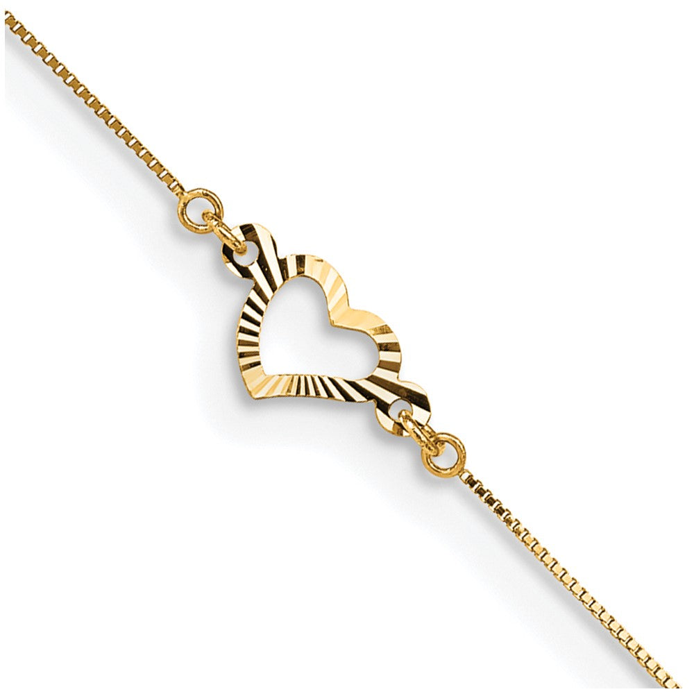 14k Diamond-cut Open Heart 3-Station 9 inch Plus 1 inch Extender - Total 10 inch Anklet, 9 mm
