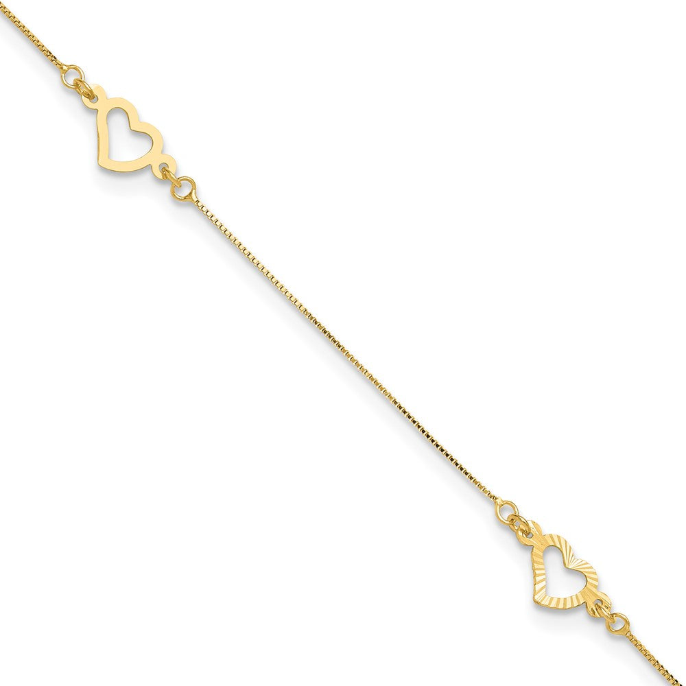 14K Fancy Open Hearts 3-Station 9 inch Plus 1 inch Extender - Total 10 inch Anklet, 9 mm
