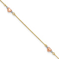14k Tri-Color Puffed Hearts and Beads 9 inch Plus 1 inch Extender - Total 10 inch Anklet, 9 x 1 mm