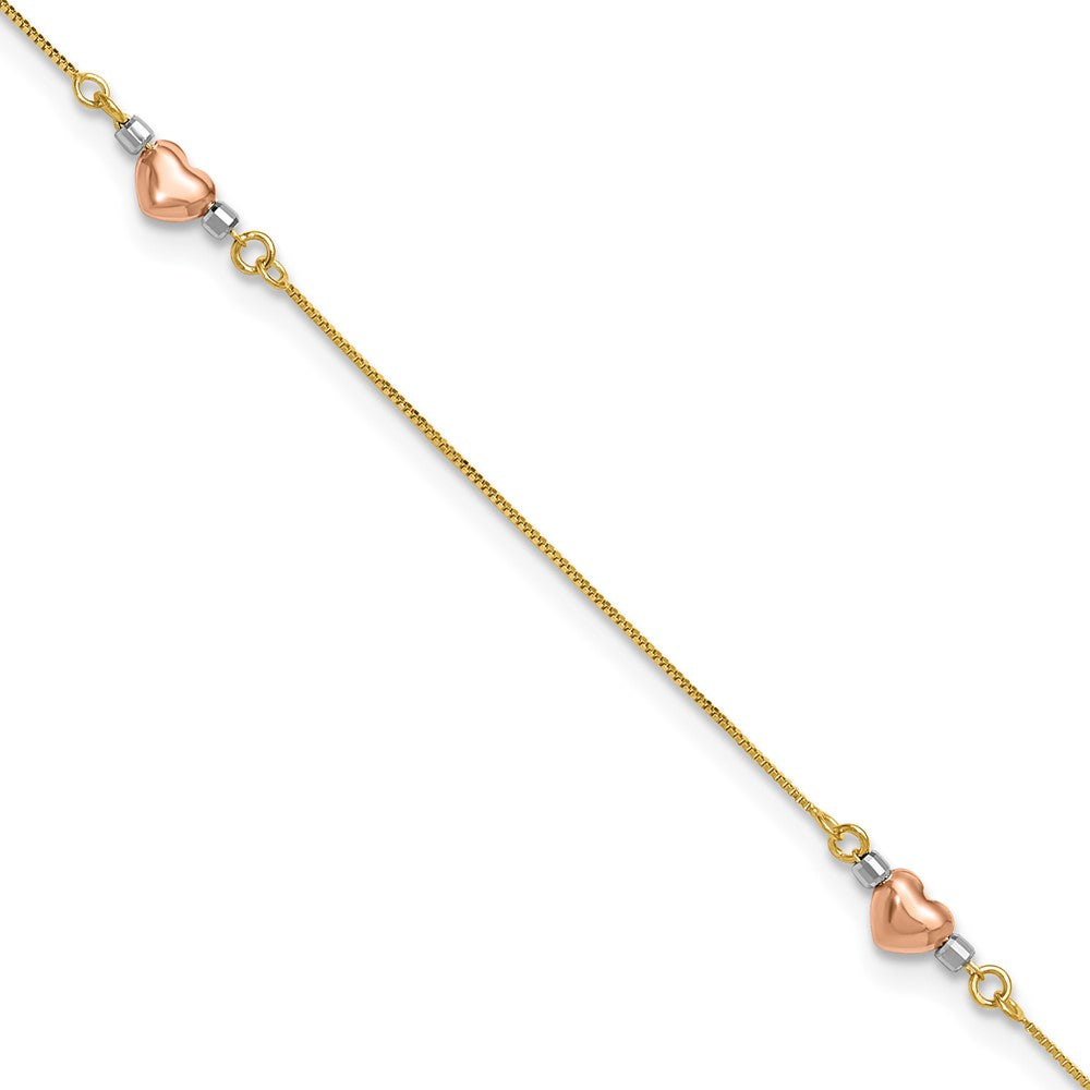 14k Tri-Color Puffed Hearts and Beads 9 inch Plus 1 inch Extender - Total 10 inch Anklet, 9 x 1 mm