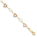 14k Two-tone Hammered Open Hearts and Oval Link 9 inch Plus 1 inch Extender - Total 10 inch Anklet, 9 mm