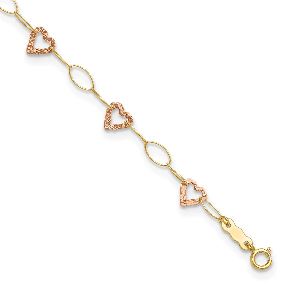 14k Two-tone Hammered Open Hearts and Oval Link 9 inch Plus 1 inch Extender - Total 10 inch Anklet, 9 mm