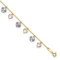 14K Tri-Color Dangle Hearts 9 inch Plus 1 inch Extender - Total 10 inch Anklet, 9 mm