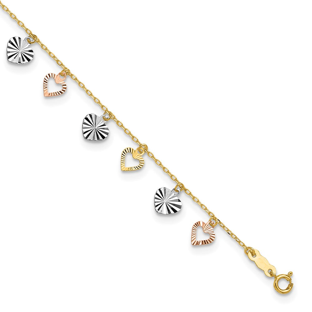 14K Tri-Color Dangle Hearts 9 inch Plus 1 inch Extender - Total 10 inch Anklet, 9 mm