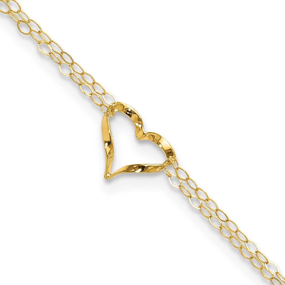 14k Double Strand Chain and Twisted Heart 9 inch Plus 1 inch Extender - Total 10 inch Anklet, 9 mm
