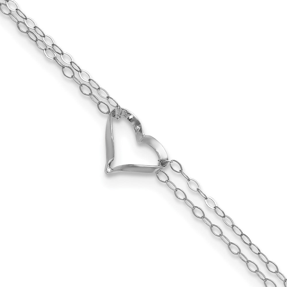 14k White Gold Double Strand Chain Twisted Heart 9 inch Plus 1 inch Extender - Total 10 inch Anklet, 9 mm