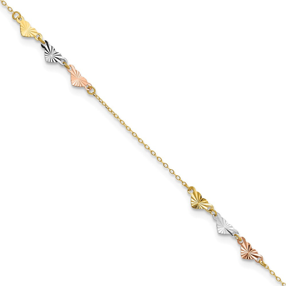14K Tri-Color Diamond-cut Hearts 9 inch Plus 1 inch Extender - Total 10 inch Anklet, 9 x 0.75 mm