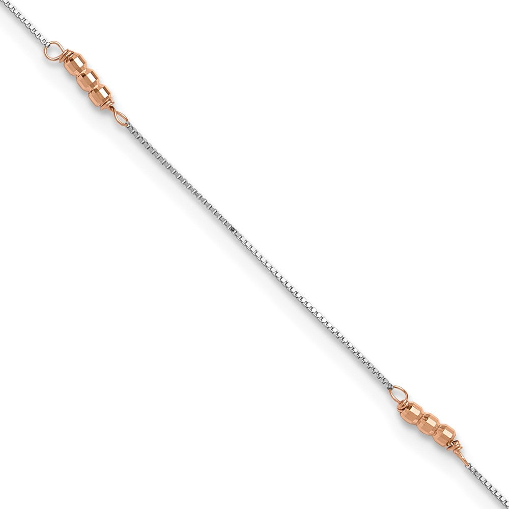 14K Two-Tone Mirror Beaded 4-Station 9 inch Plus 1 inch Extender - Total 10 inch Anklet, 9 mm