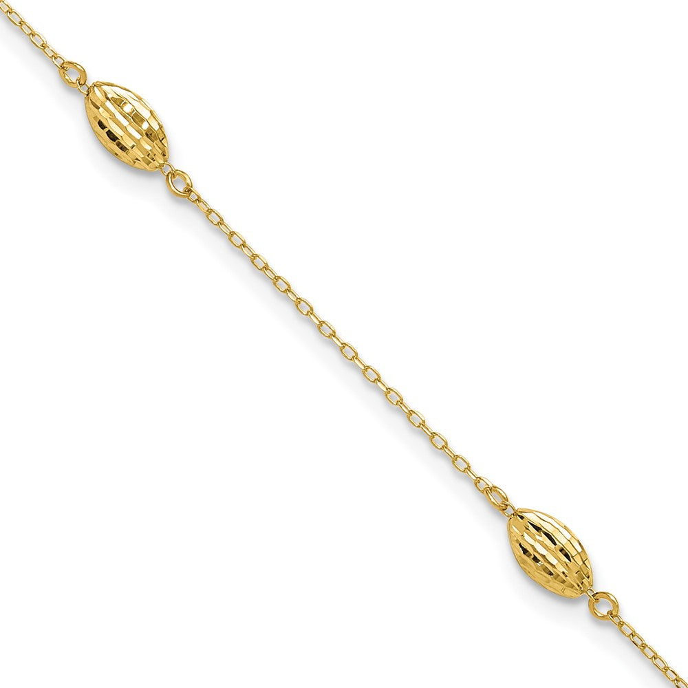 14k Diamond-cut Rice Puff Beads 4-Station 9 inch Plus 1 inch Extender - Total 10 inch Anklet, 9 x 5 mm