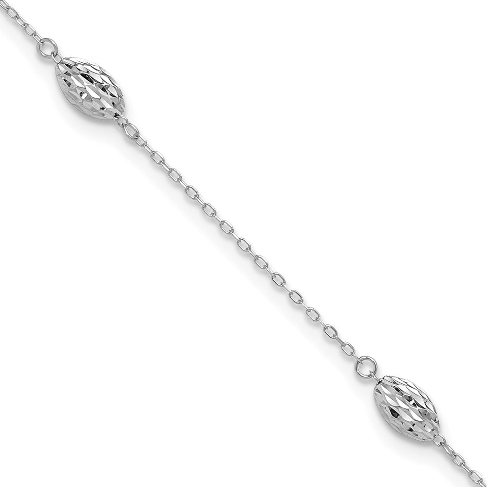 14k White Gold Diamond-cut Rice Puff Beads 4-Station 9 inch Plus 1 inch Extender - Total 10 inch Anklet, 9 x 5 mm