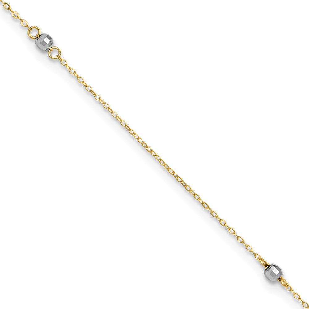 14k Two-tone Mirror Beads 3-Station 9 inch Plus 1 inch Extender - Total 10 inch Anklet, 9 mm