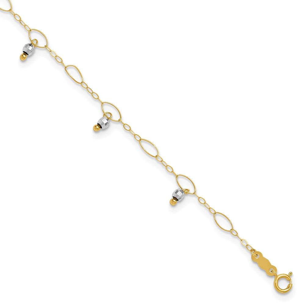 14K Two-Tone Mirror Bead Dangles 9 inch Plus 1 inch Extender - Total 10 inch Anklet, 9 mm