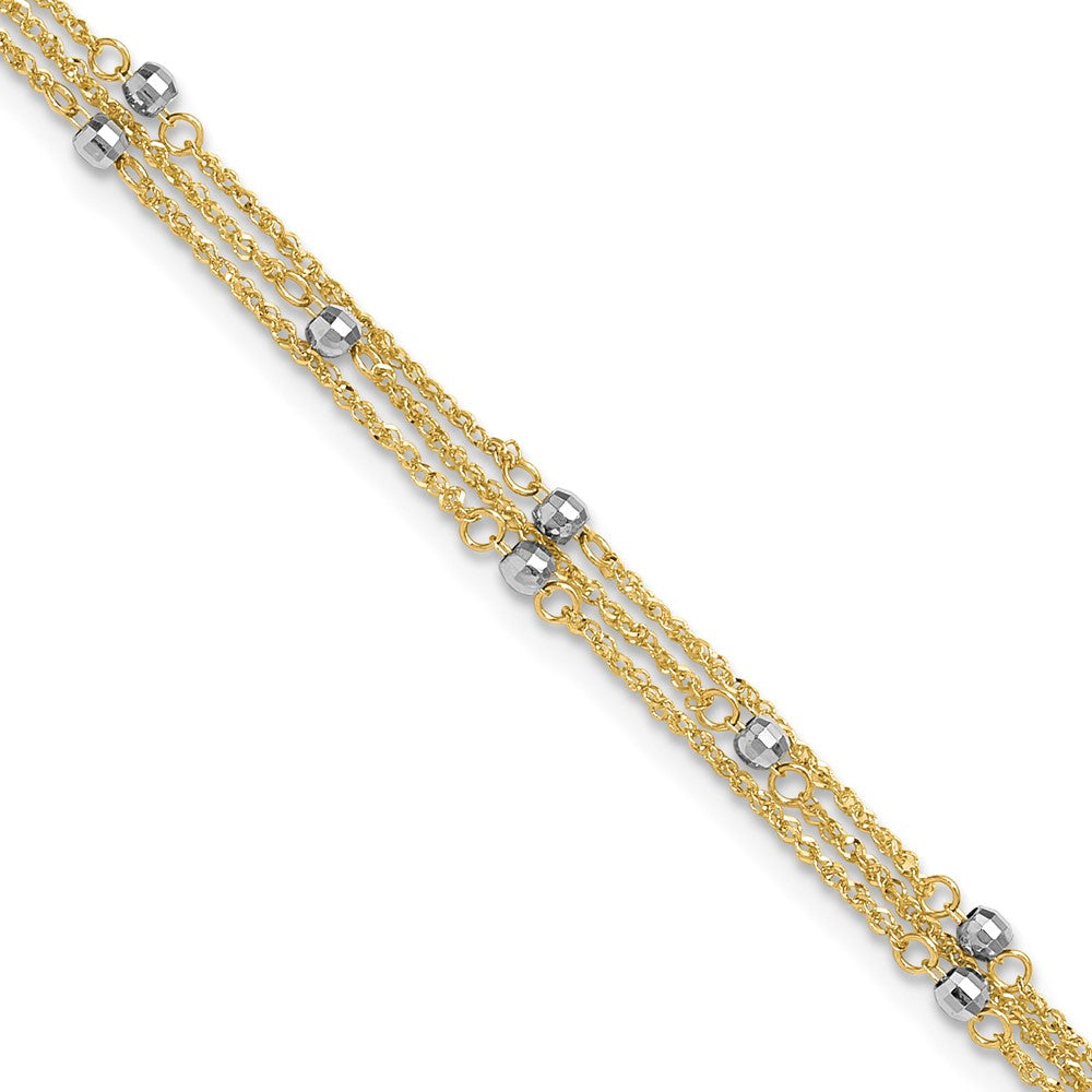 14k Two-tone 3-Strand Chain with Mirror Beads 9 inch Plus 1 inch Extender - Total 10 inch Anklet, 9 mm