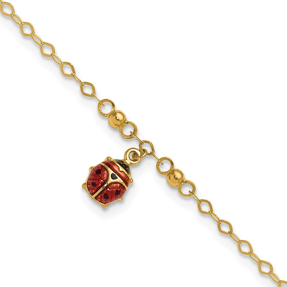 14K Red and Black Enameled Ladybug 9 inch Plus 1 inch Extender - Total 10 inch Anklet, 9 mm