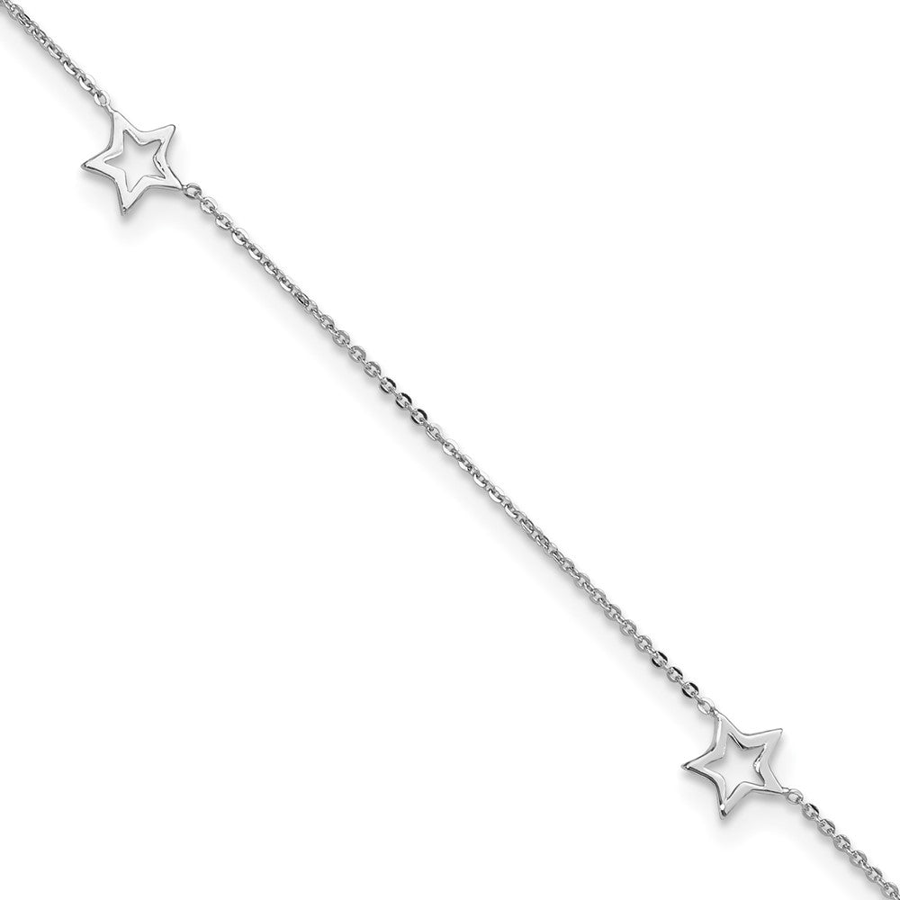 14K White Gold Open Star 3-Station 9 inch Plus 1 inch Extender - Total 10 inch Anklet, 9 mm