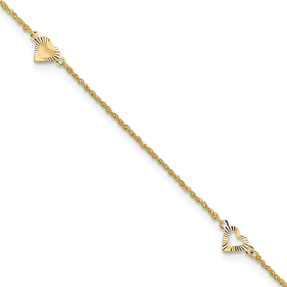 14k Diamond-cut Hearts 3-Station 9 inch Plus 1 inch Extender - Total 10 inch Anklet, 9 mm