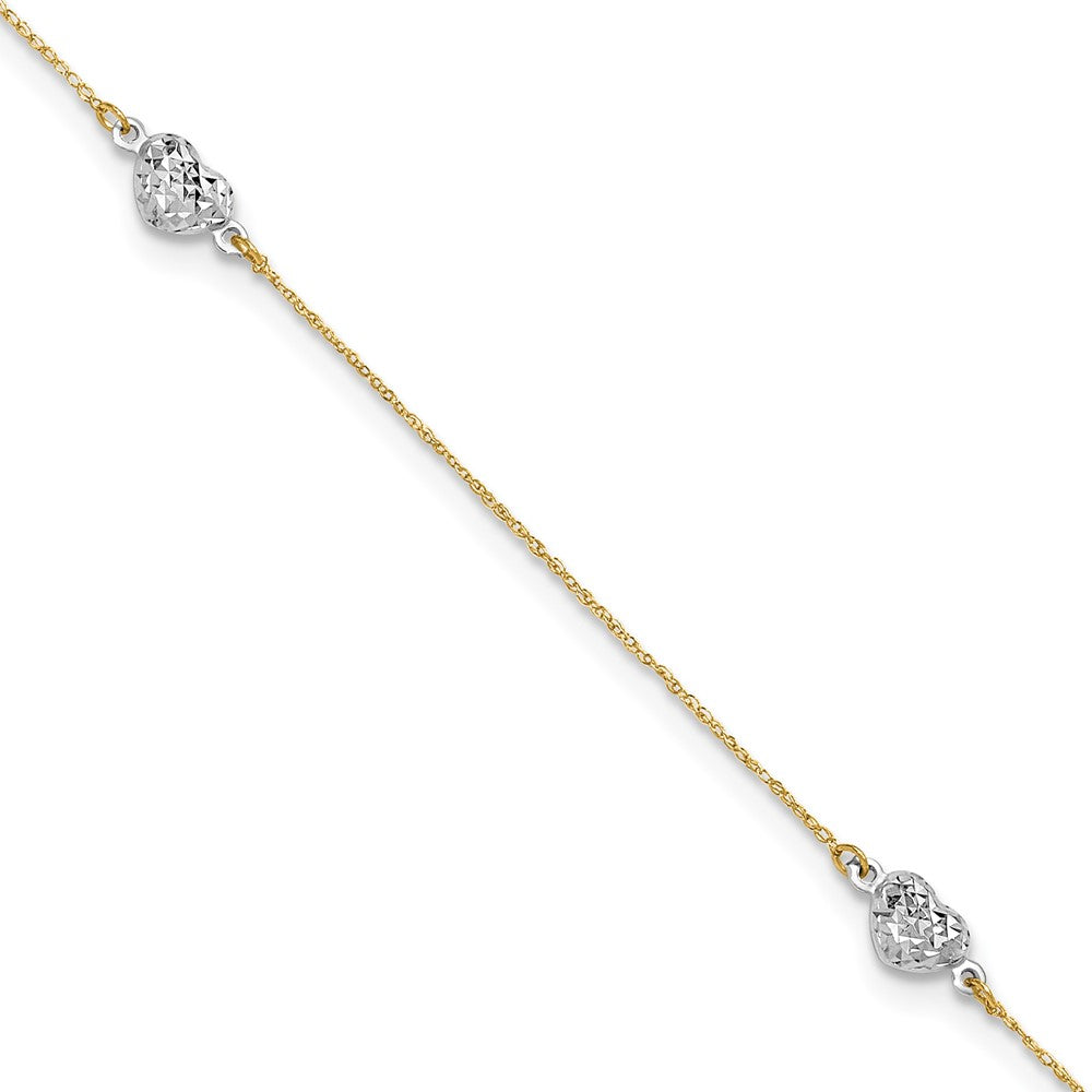 14k Two-tone Diamond-cut Triple Puffed Hearts 9 inch Plus 1 inch Extender - Total 10 inch Anklet, 9 mm