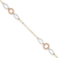 14k Tri-color Circle and Oval 3-Station 9 inch Plus 1 inch Extender - Total 10 inch Anklet, 9 x 1 mm