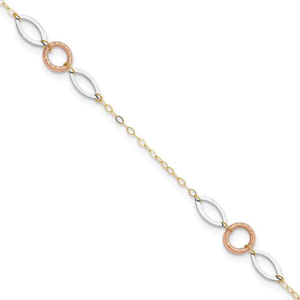 14k Tri-color Circle and Oval 3-Station 9 inch Plus 1 inch Extender - Total 10 inch Anklet, 9 x 1 mm