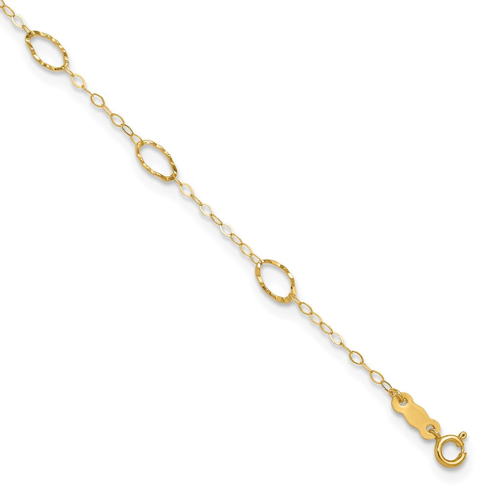 14k Textured Oval Shapes 9 inch Plus 1 inch Extender - Total 10 inch Anklet, 9 x 1 mm