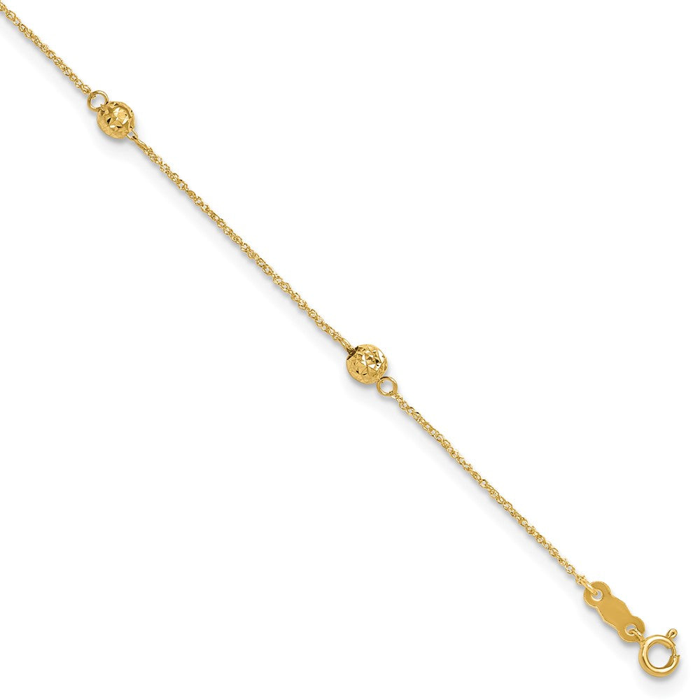 14k Diamond-cut Beads 5-Station 9 inch Plus 1 inch Bead Dangle Extender - Total 10 inch Anklet, 9 mm