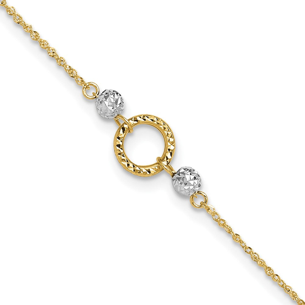 14k Two-tone Circle and Diamond-cut Beads 9 inch Plus 1 inch Bead Dangle Extender - Total 10 inch Anklet, 9 mm