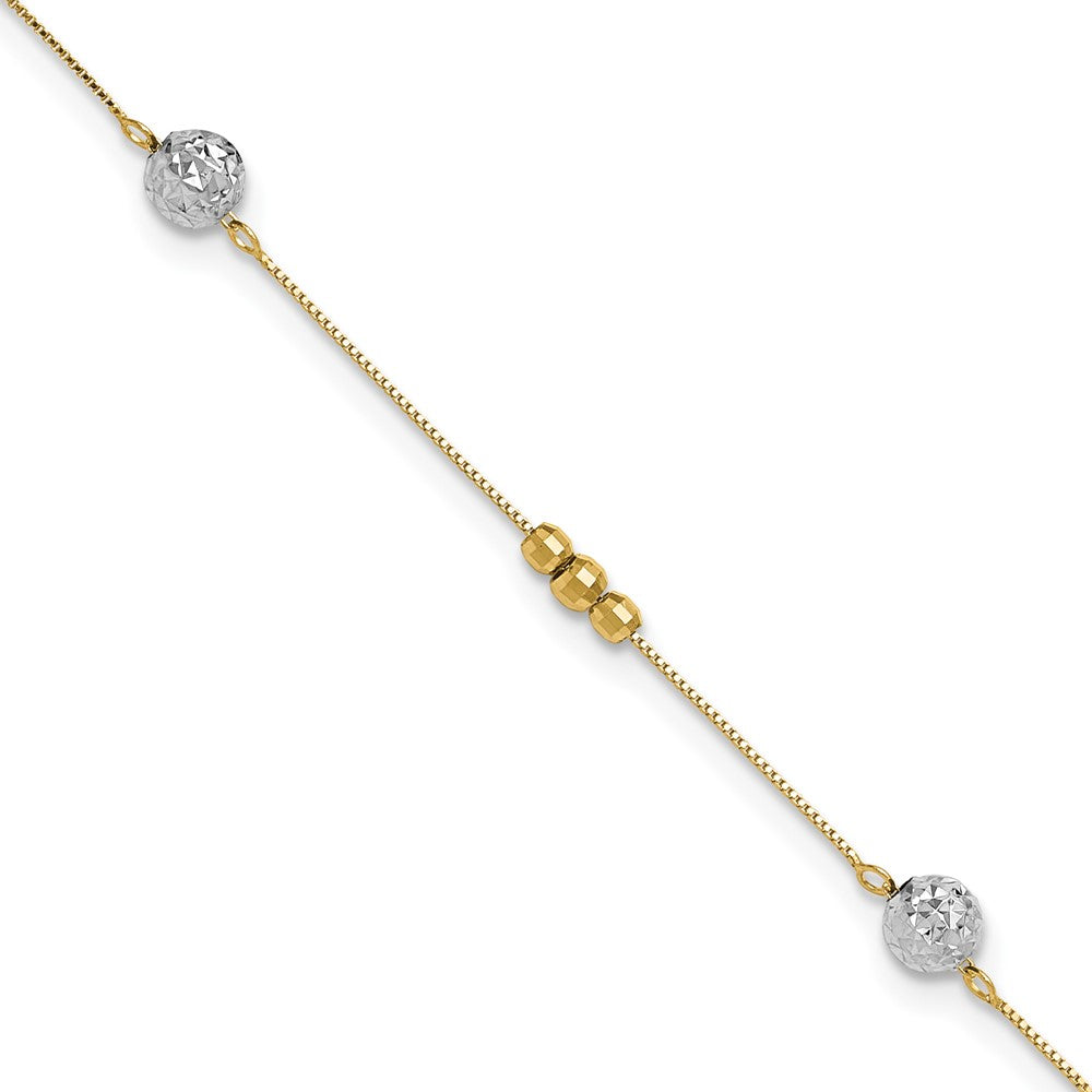 14k Two-tone Textured and Mirror Beads 5-Station 9 inch Plus 1 inch Bead Dangle Extender - Total 10 inch Anklet, 9 mm