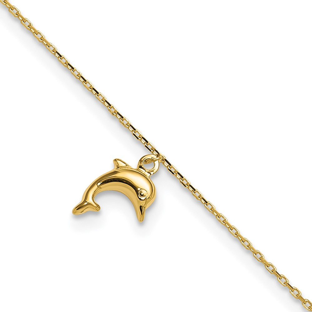 14k Dolphin Charm Dangle 9 inch Plus 1 inch Extender - Total 10 inch Anklet, 9 mm